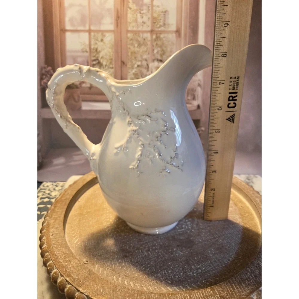 Vintage Italian Style Ceramic Floral‎ Embossed Pitcher Farmhouse Creamer Vase